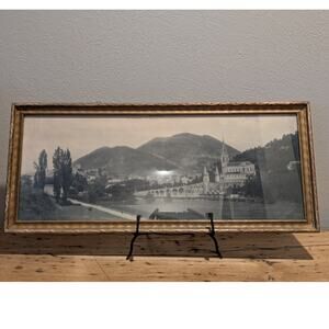 Antique/Vintage East to West Black & White Framed Picture of Lourdes Under Glass